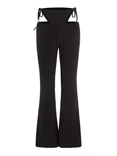 WDIRARA Women's Cut Out Wide Leg Flare Pants High Waist Stretch Self Tie Solid Long Pants