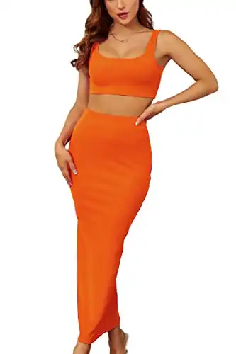 Velius Women's Scoop Neck Neon Bodycon Two Piece Pencil Maxi Dress Clubwear Outfits