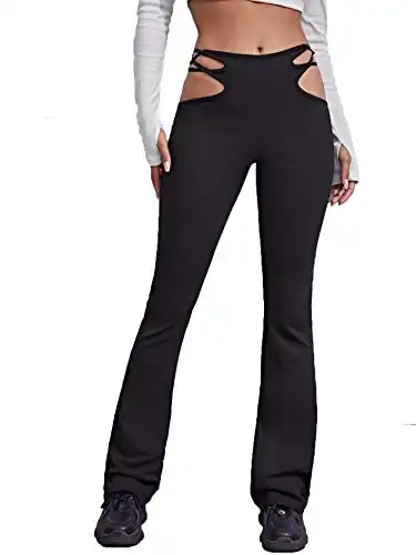 Verdusa Women's Mid Waist Cut Out Laddering Stretch Comfy Flare Leg Night Out Pants