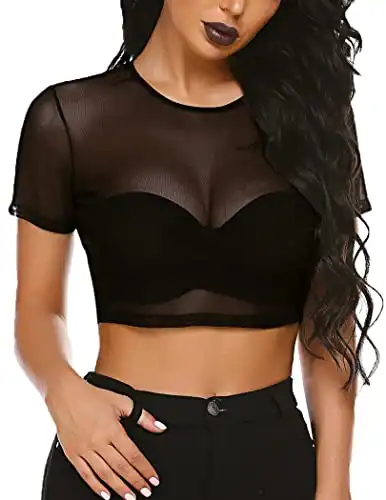 Avidlove Mesh Crop Top for Women Short Sleeve Bodycon Tees See Through Blouse O Neck Clubwear