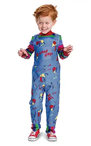 Chucky Costume for Toddlers, Official Childs Play Chucky Costume Jumpsuit and Mask Outfit, Classic Size Medium (4T) Multicolored