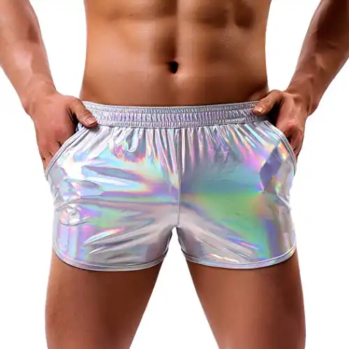 Arjen Kroos Men's Sexy Metallic Shiny Shorts Sparkly Rave Hot Short Pants with Pockets