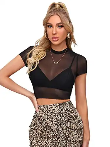 SweatyRocks Women's Short Sleeve Print See Through Sheer Mesh Crop Top T Shirt