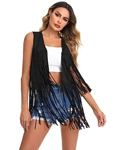 Verdusa Women's Tassel Sleeveless Vest 70s Hippie Faux Suede Fringe Jacket Cardigan