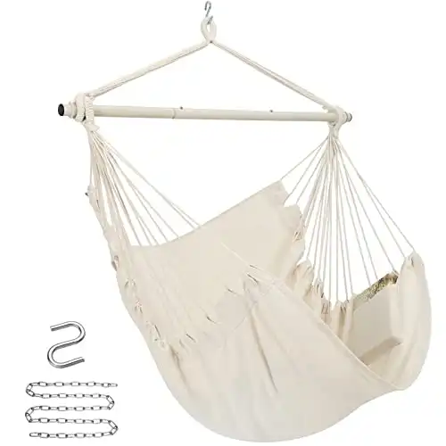 Y- STOP Hammock Chair Hanging Rope Swing Chair, Max 500 Lbs, Hanging Chair with Pocket Quality Cotton Weave for Superior Comfort Durability (Beige)