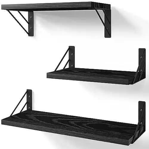 BAYKA Wall Shelves for Bedroom Decor, Floating Wall Shelves for Living Room Kitchen Storage, Wall Mounted Rustic Wood Floating Shelves for Kids Books, Small Shelf for Bathroom(Black，Set of 3)