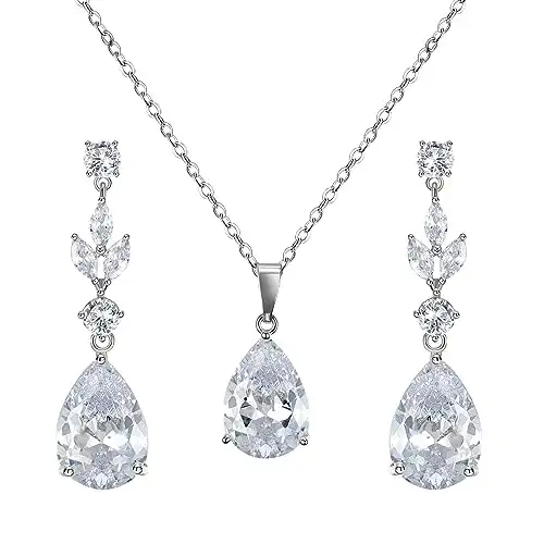 SWEETV Teardrop Wedding Jewelry Sets for Women Brides Bridesmaids, Crystal Bridal Necklace Drop Earrings Set,Prom Costume Bridal Wedding Jewelry