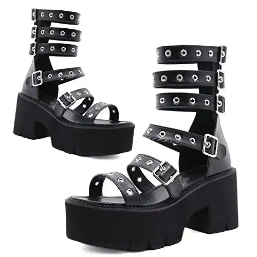 CYNLLIO Women's Summer Platform Sandals Fashion Fisherman Goth Punk Roman Sandal Metal Buckle Zipper Cutout Open Toe Chunky Heel Sandals