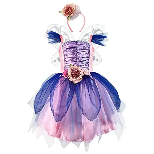 DJDLPARTY Fairy Costume Dress for Girls, Green Princess Flower Girl Dress, Tutu Dress with Headband and Wings (Blue, 4 Years)