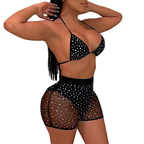 Womens Rhinestone Bikini Sexy Bathing Suit Crystal Diamond Push up Bra Tops Swimsuit Two Piece See Through Swimwear