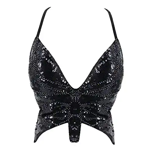 Mocure Womens Glitter Sequin Butterfly Crop Top Low-Cut Tank Top Rave Tube Vest Top for Belly Dance Costume Outfits