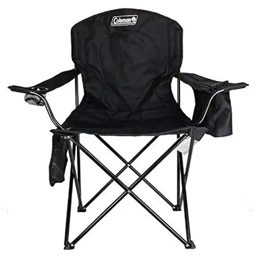 Coleman Camp Chair with 4-Can Cooler | Folding Beach Chair with Built in Drinks Cooler | Portable Quad Chair with Armrest Cooler for Tailgating, Camping & Outdoors, Black, Roomy seat: 24"