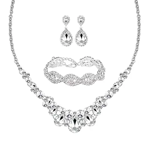 3/4 Pieces Women Jewelry Set Rhinestone Crystal Bride Statement Choker Necklace Tiara Crown Link Bangle Bracelet Teardrop Dangle Earrings Set for Wedding Party