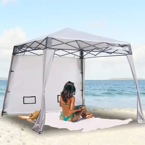 EzyFast Elegant Pop Up Beach Shelter, Compact Instant Canopy Tent, Portable Sports Cabana, 7.5 x 7.5 ft Base / 6 x 6 ft top for Hiking, Fishing, Picnic, Family Outings (6 x 6, A Khaki)