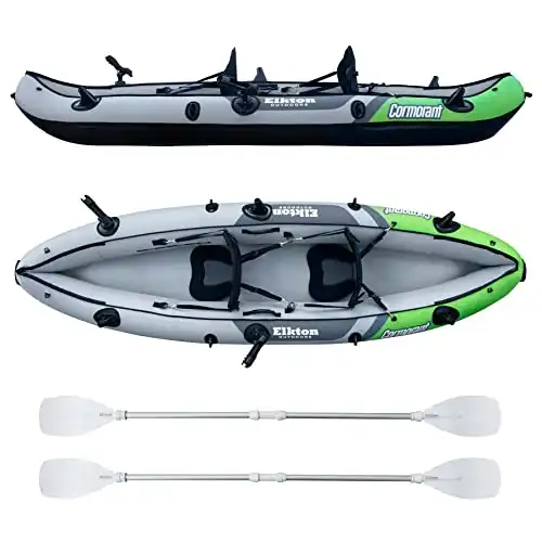 Elkton Outdoors Cormorant 2 Person Tandem Inflatable Fishing Kayak, 10-Foot with EVA Padded Seats, Includes 2 Active Fishing Rod Holder Mounts, 2 Aluminum Paddles, Double Action Pump and More