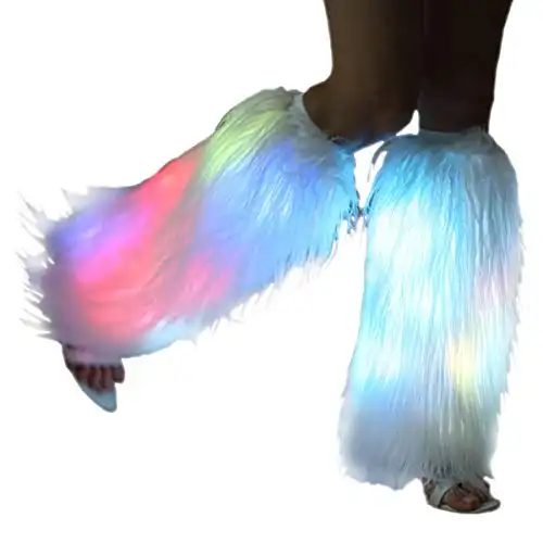 White Fur Leg Warmers For Women Neon Rave Led Fluffy 80s Sexy Dance Hosiery Fun Furry Light Up Leggings For Girls Boot Edm Christmas Unicorn Costume