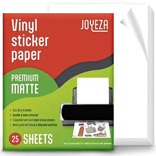 JOYEZA Premium Printable Vinyl Sticker Paper for Inkjet Printer - 25 Sheets Matte White Waterproof, Dries Quickly Vivid Colors, Holds Ink well- Tear Resistant - Inkjet & Laser Printer