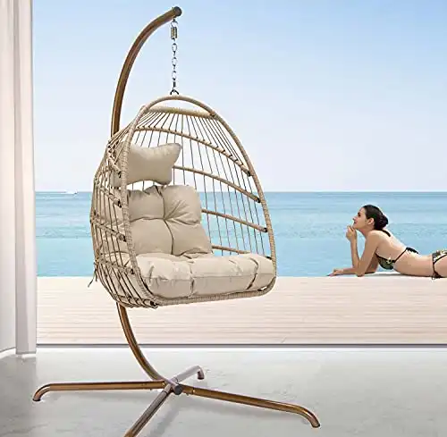 NICESOUL® Indoor Outdoor Patio Wicker Hanging Chair Swing Hammock Egg Basket Chairs UV Resistant Cushions 350lbs Capaticy for Patio Backyard Balcony (Cream)