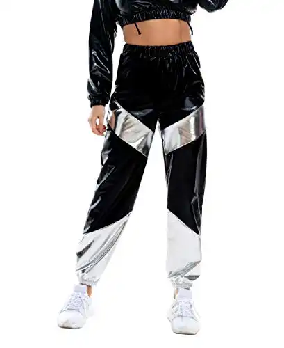 SIAEAMRG Womens Shiny Metallic High Waist Stretchy Jogger Pants, Wet Look Hip Hop Club Wear Holographic Trousers Sweatpant