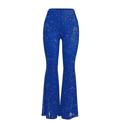 Women Rave Mesh Sheer Pants Flared Bell Bottom Pants for Dance Festival Clubwear