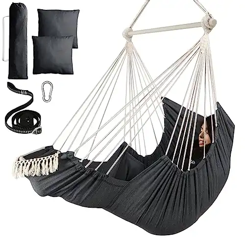 Chihee Hammock Chair Hanging Swing Cushions Suspension Strap Carabiner Included,Foot Rest Support Calf Foot Durable Metal Spreader Bar Soft Cotton Woven Hanging Chair Side Pocket Large Tassel Chair