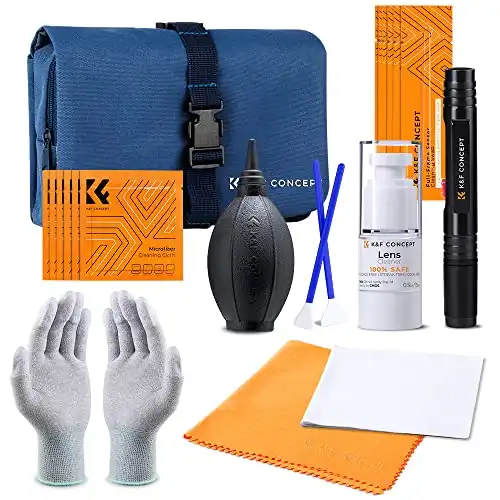 K&F Concept Professional Camera Cleaning Kit for DSLR & Mirrorless Cameras with APS-C & Full-Frame Sensor Cleaning Rods/Lens Cleaner/Gloves/Air Blower/Lens Pen Brush/Microfiber Cloths/Carr...