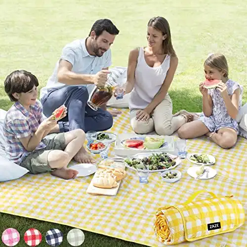 ZAZE Extra Large Picnic Blankets, 80''x80'' Washable Waterproof Foldable Oversized Compact Picnic Mat for Spring Summer Blanket Beach, Camping on Grass (Yellow and White)