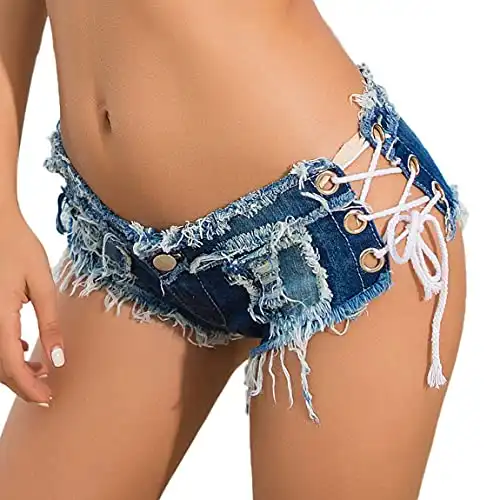 Soojun Women's Low Rise Lace Up Cheeky Mini Denim Shorts Clubwear