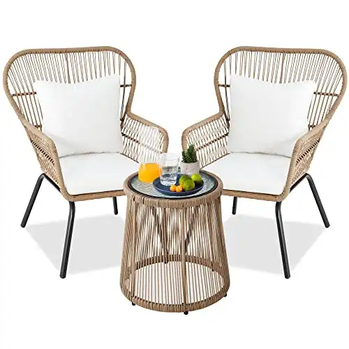 Best Choice Products 3-Piece Patio Conversation Bistro Set, Outdoor All-Weather Wicker Furniture for Porch, Backyard w/ 2 Wide Ergonomic Chairs, Cushions, Glass Top Side Table - Tan