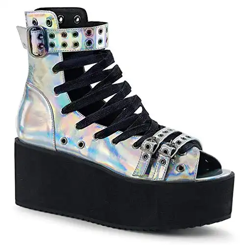 Demonia Women's GRIP-105 Platform Ankle High Sandal Hologram 6 Silver