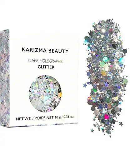 KARIZMA Holographic Silver Body Glitter. 10g Chunky Face Glitter, Hair Glitter, Eye Glitter and Body Glitter for Women. Rave Glitter, Festival Accessories, Cosmetic Glitter Makeup. Loose Glitter Set