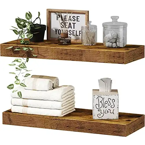 QEEIG Floating Shelves Bathroom Wall Shelf Over Toilet Bedroom Kitchen Living Room Farmhouse Decor Small 16 inch Set of 2, Rustic Brown (008-40BN)