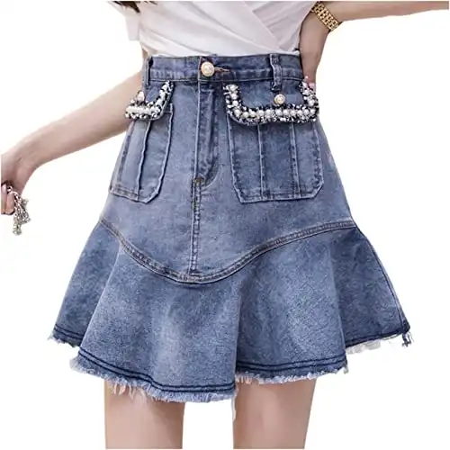 Women's High Waisted Jean Skirt Casual Mini Flared Skater Denim Skirt with Shorts