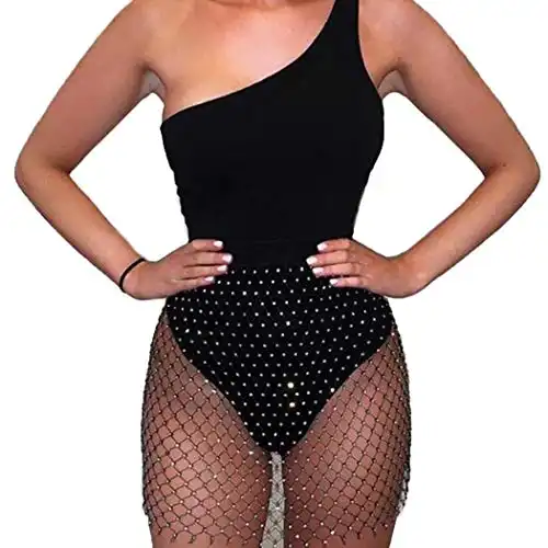 Victray Women Mesh Skirt Rhinestone Fishnet Skirts Fashion Crystal Cover Up Skirt Beach Wrap Skirt Party Costume