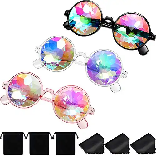 Yaomiao 3 Pieces Festival Kaleidoscope Rave Glasses Goggles Kaleidoscope Sunglasses Diffraction Glasses Prism Rainbow Sunglasses with Cloth for Party Decoration Favors