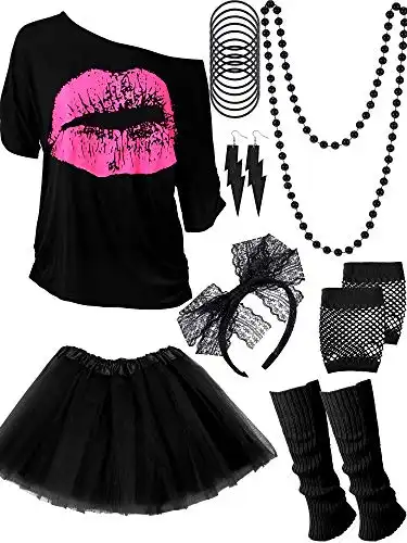 80s Costume Accessories Set T-Shirt Tutu Headband Earring Necklace Leg Warmers(XS, Black)