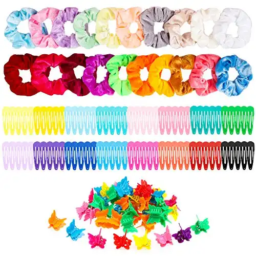 R HORSE 150 Pcs Velvet Hair Scrunchies Hair Snap Clips Set 20Pcs Velvet Hair Scrunchies 80Pcs Candy Color Snap Clips 50Pcs Mini Butterfly Claw Clips 90s Hair Barrettes Hair Accessories for Women Lady