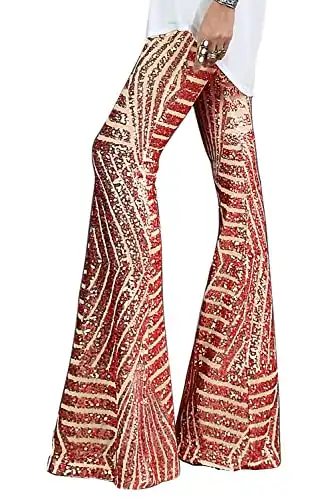 Bdcoco Womens High Waist Sequin Sparkle Flared Pants Wide Leg Bell Bottom Trousers