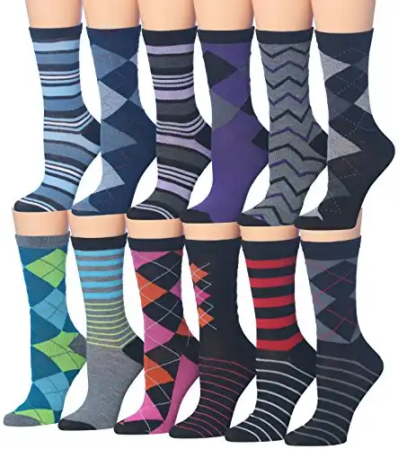 Tipi Toe Women's 12-Pairs Value Pack Argyle & Stripe Colorful Crew Dress Socks, (sock size 9-11) Fits shoe size 5-9, WC44-AB