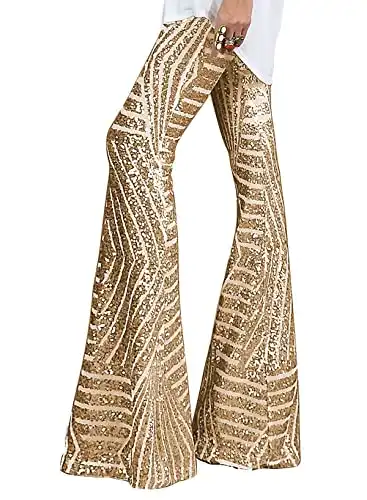 AZOKOE Women High Waist Wide Leg Palazzo Lounge Pants Sequin Bell Bottoms Trousers