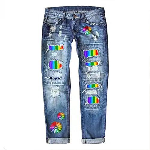 Rainbow Patch Ripped Boyfriend Jeans for Women